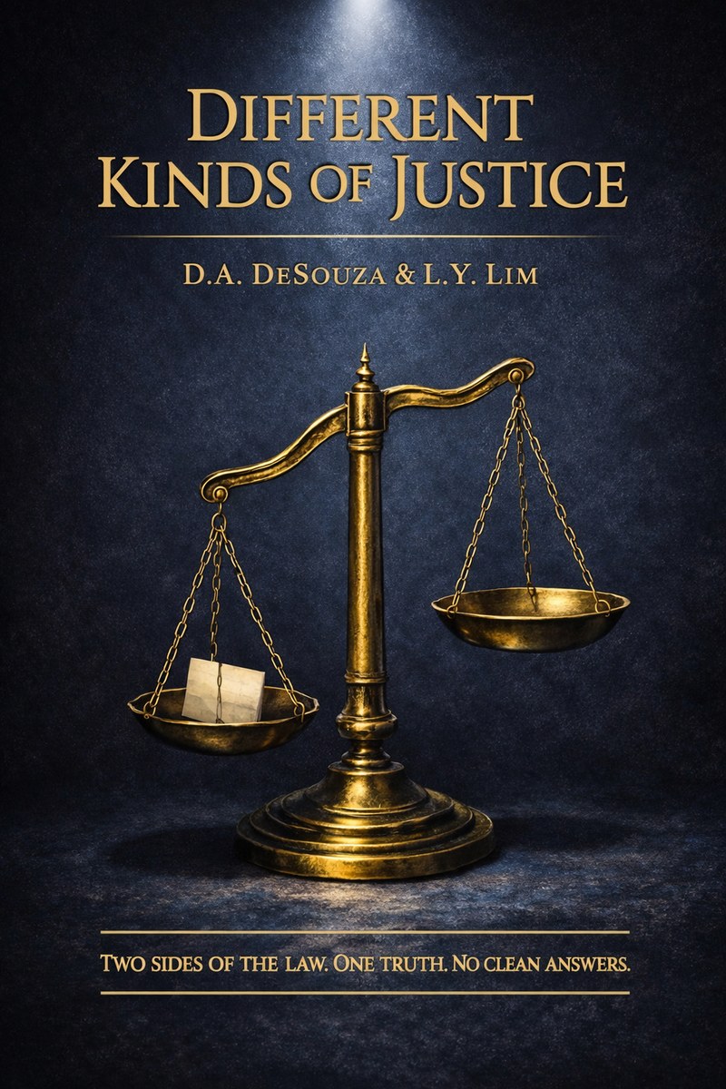 Cover of Different Kinds of Justice, showing unbalanced golden scales beneath a shaft of light